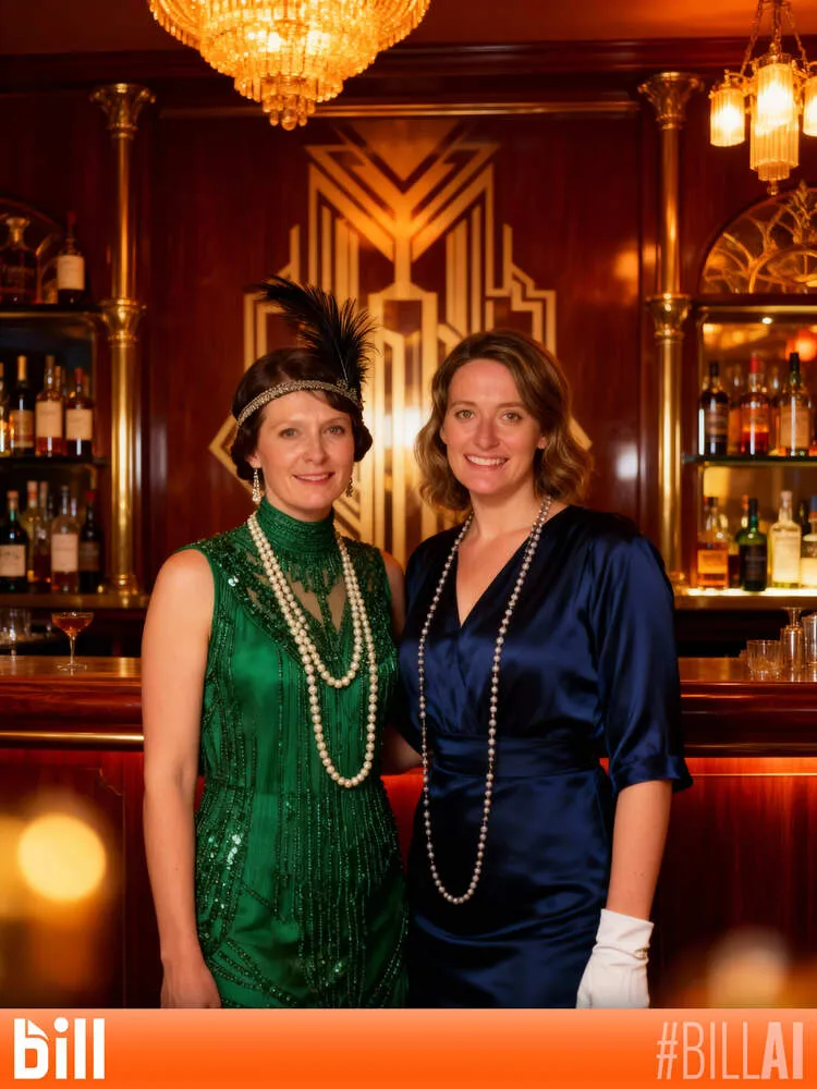 AI photo of two guests in 1920s evening wear at an art deco speakeasy bar, with Bill event branding