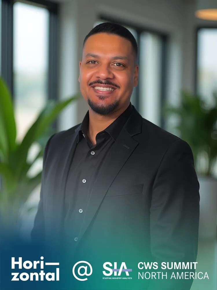 AI-enhanced professional headshot of a guest in a black blazer, with Horizontal and SIA CWS Summit event branding