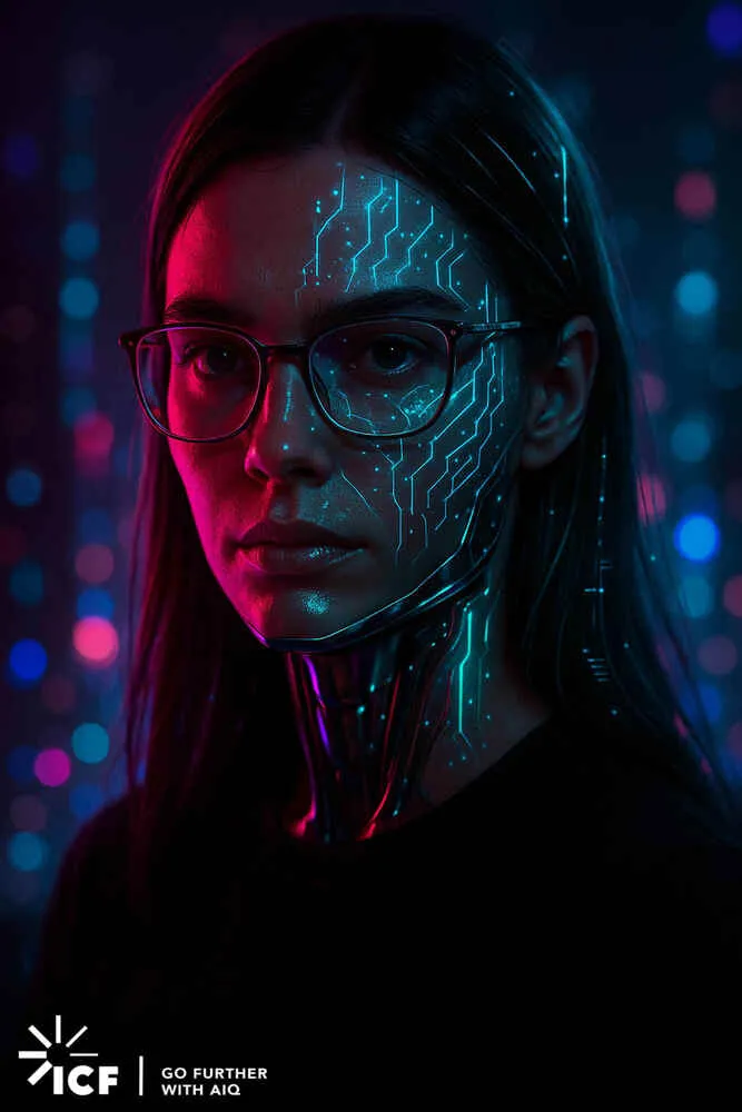 AI photo of a guest with glowing circuit patterns across her face in neon light, with ICF AIQ event branding