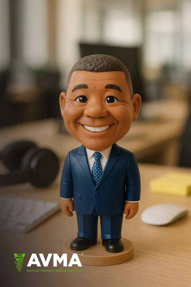 AI photo of a guest as a smiling bobblehead figurine in a blue suit on an office desk, with AVMA branding