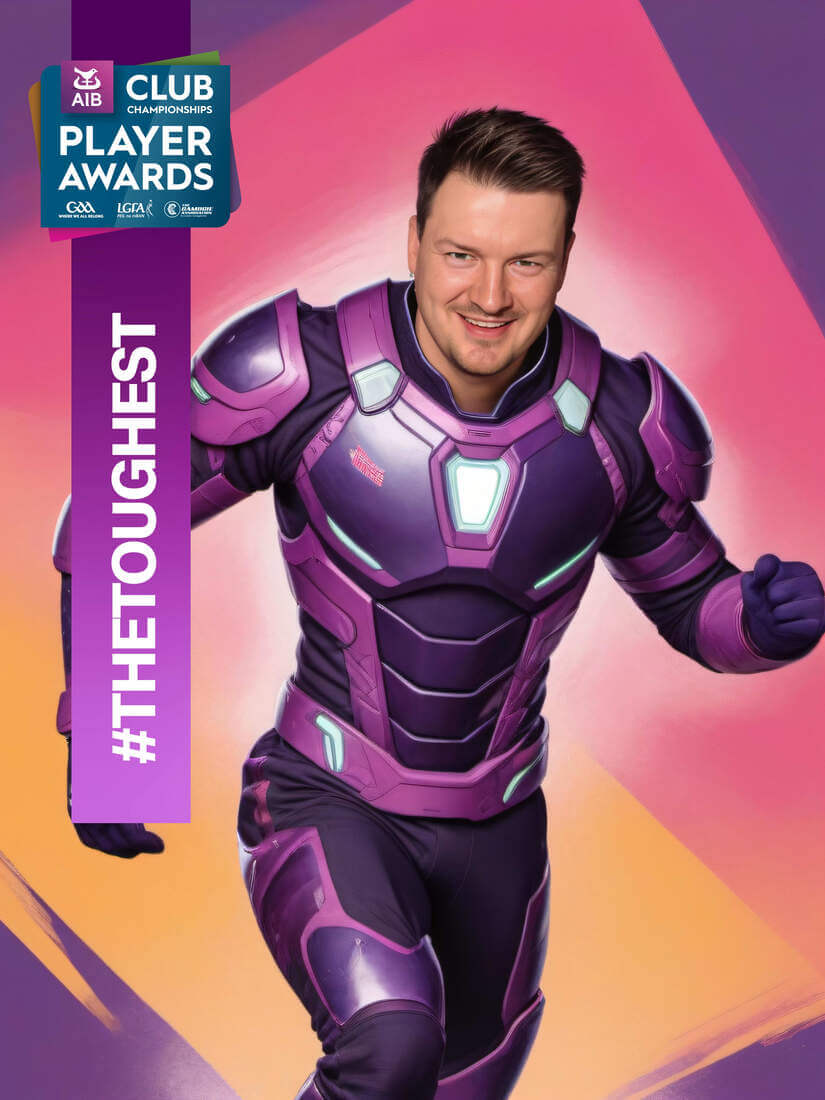 AI photo of a guest as an armored athlete in purple sci-fi gear, with AIB Club Player Awards event branding