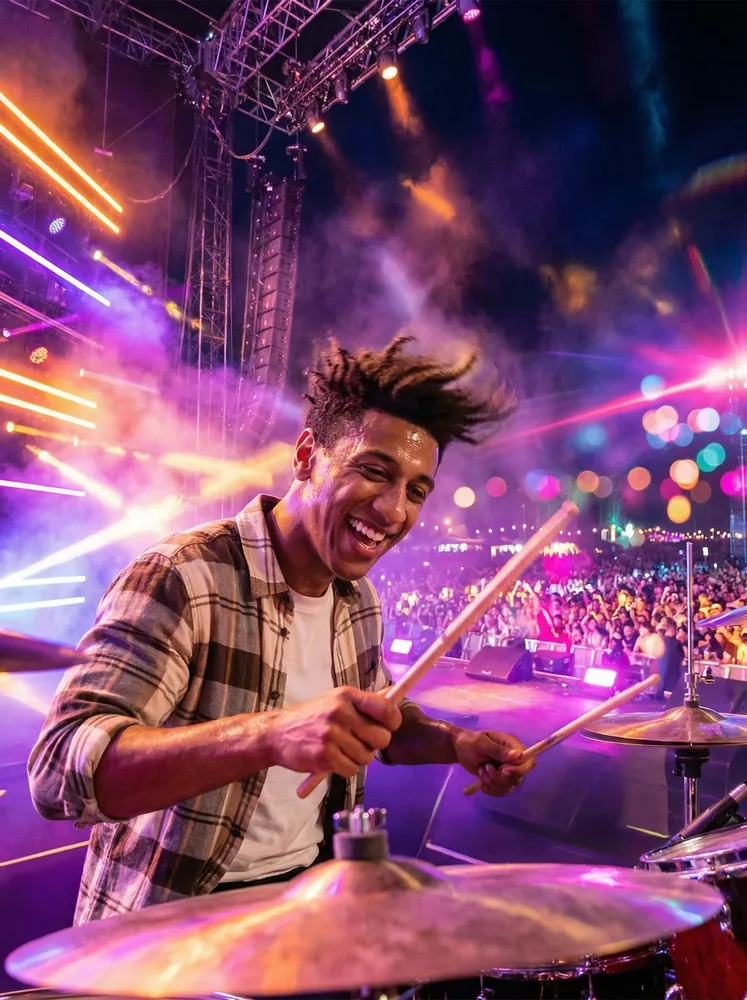 AI photo of a guest drumming joyfully on a festival stage under colorful lights