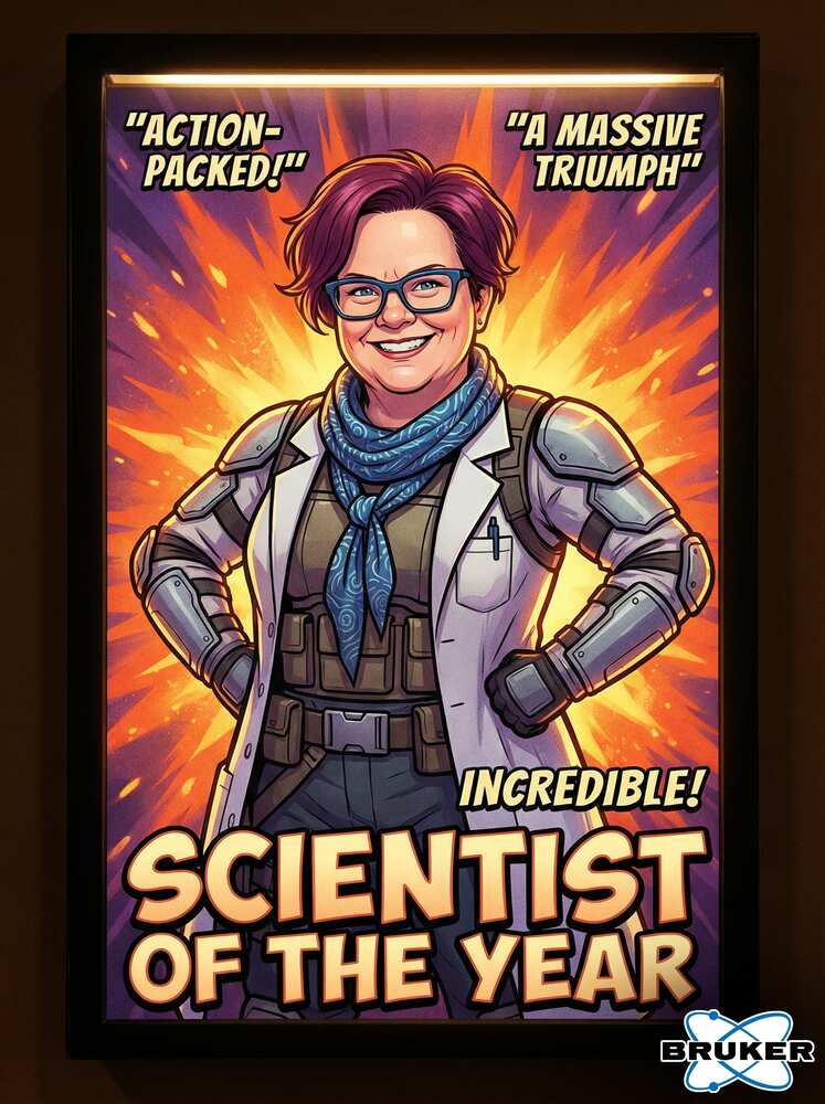 AI photo of a guest as a comic book hero on a framed Scientist of the Year movie poster, with Bruker event branding