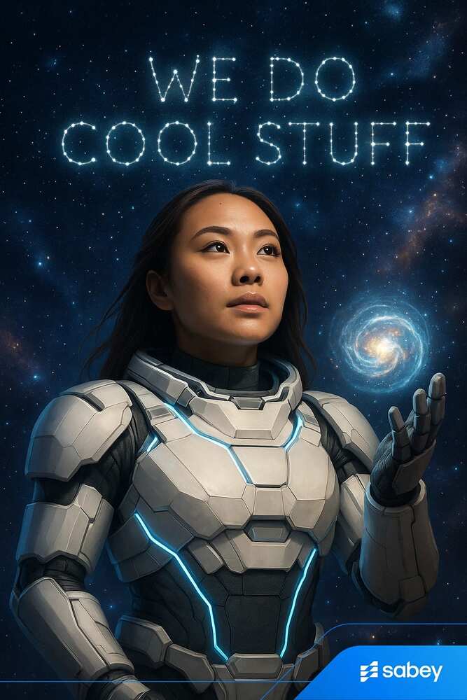 AI photo of a guest in futuristic space armor reaching toward a tiny galaxy under the words We Do Cool Stuff, with Sabey branding