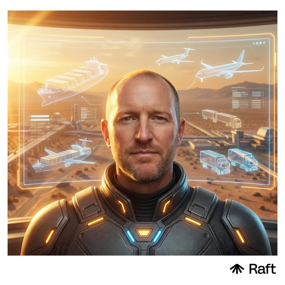 AI photo of a guest in futuristic armor before a holographic logistics display, with Raft branding