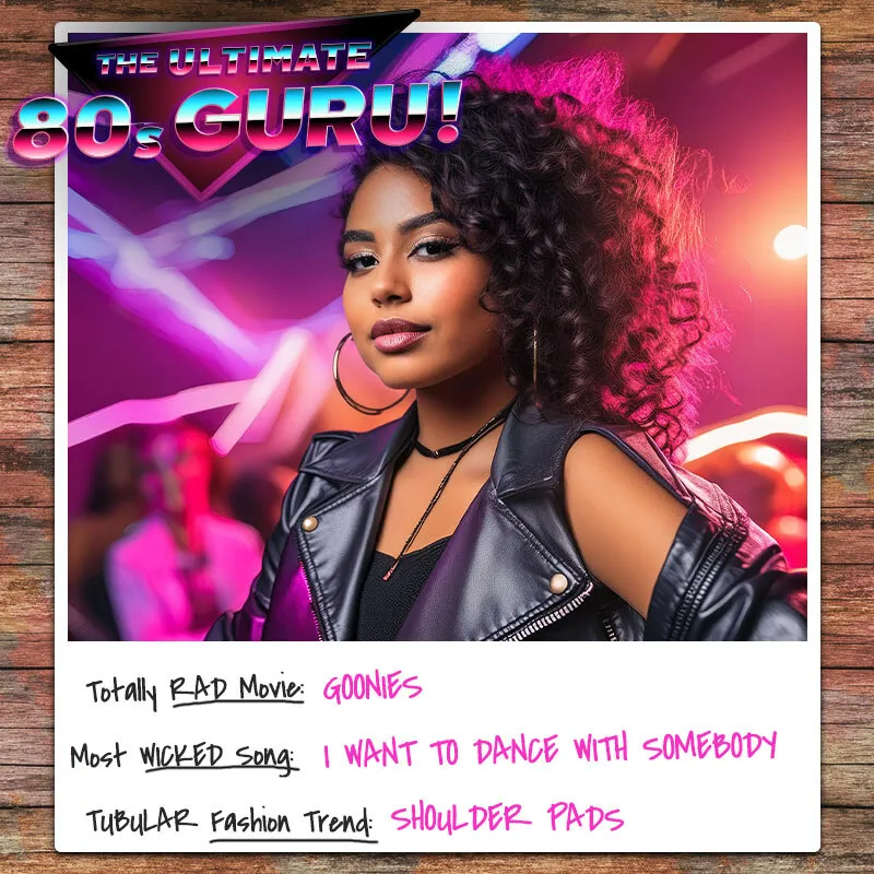 AI photo of a guest in a leather jacket on an Ultimate 80s Guru quiz result card listing her raddest picks