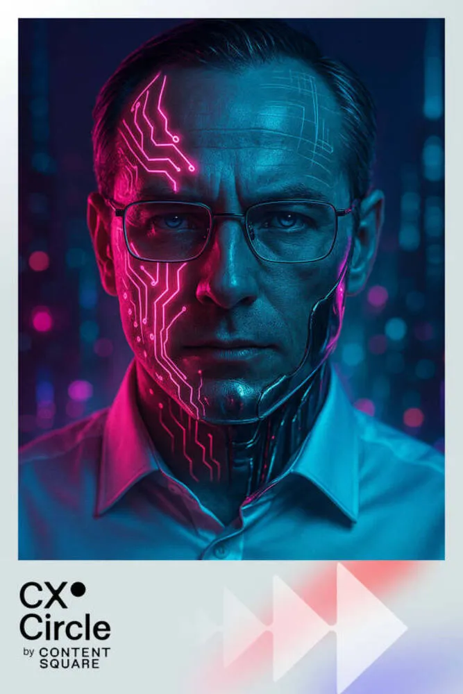 AI photo of a guest with glowing pink circuit patterns on his face in neon light, with CX Circle by Contentsquare event branding