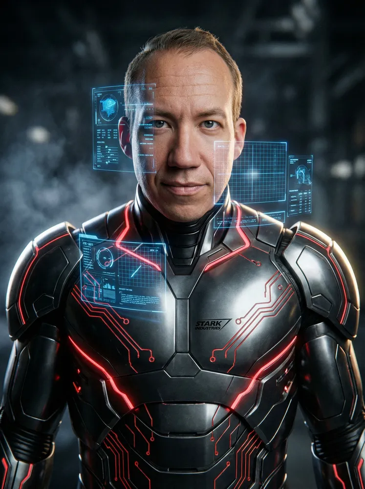 AI photo of a guest in high-tech armor with glowing red circuits surrounded by holographic screens