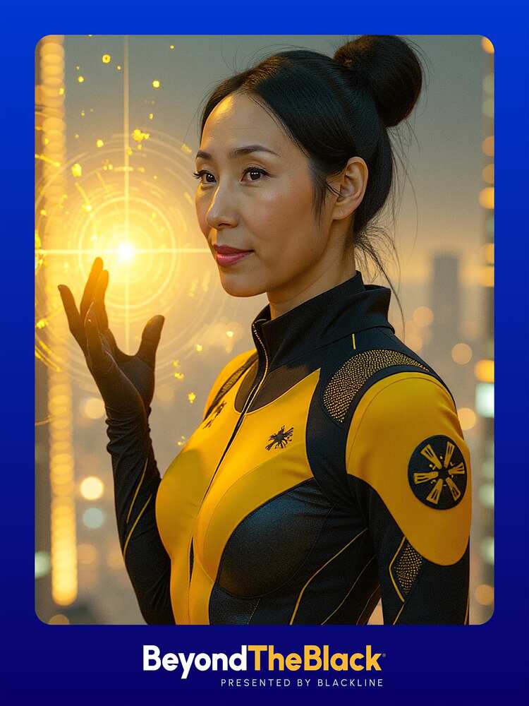 AI photo of a guest as a hero in a black and gold suit conjuring a glowing orb, with BeyondTheBlack by BlackLine event branding
