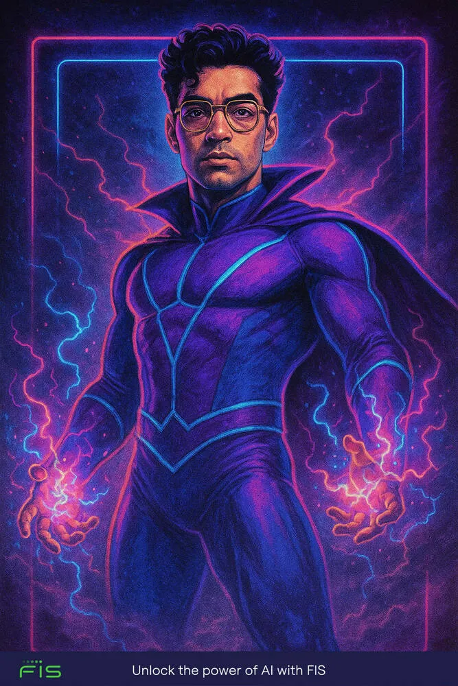AI photo of a guest as a comic superhero in a purple suit with lightning crackling from his hands, with FIS event branding