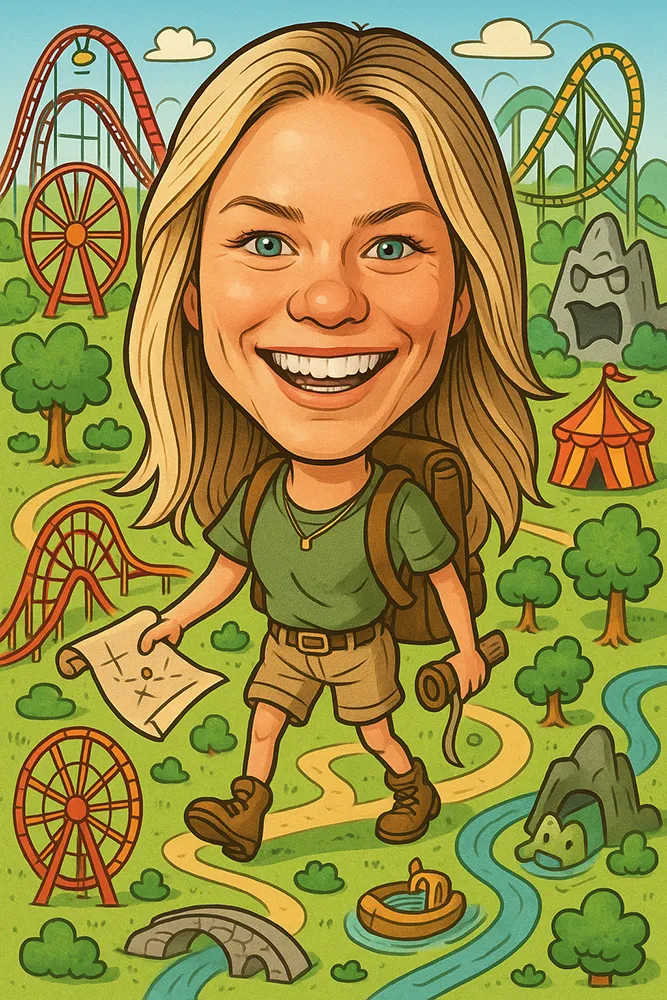 AI photo of a guest as a big-headed cartoon explorer with a map walking through a whimsical theme park