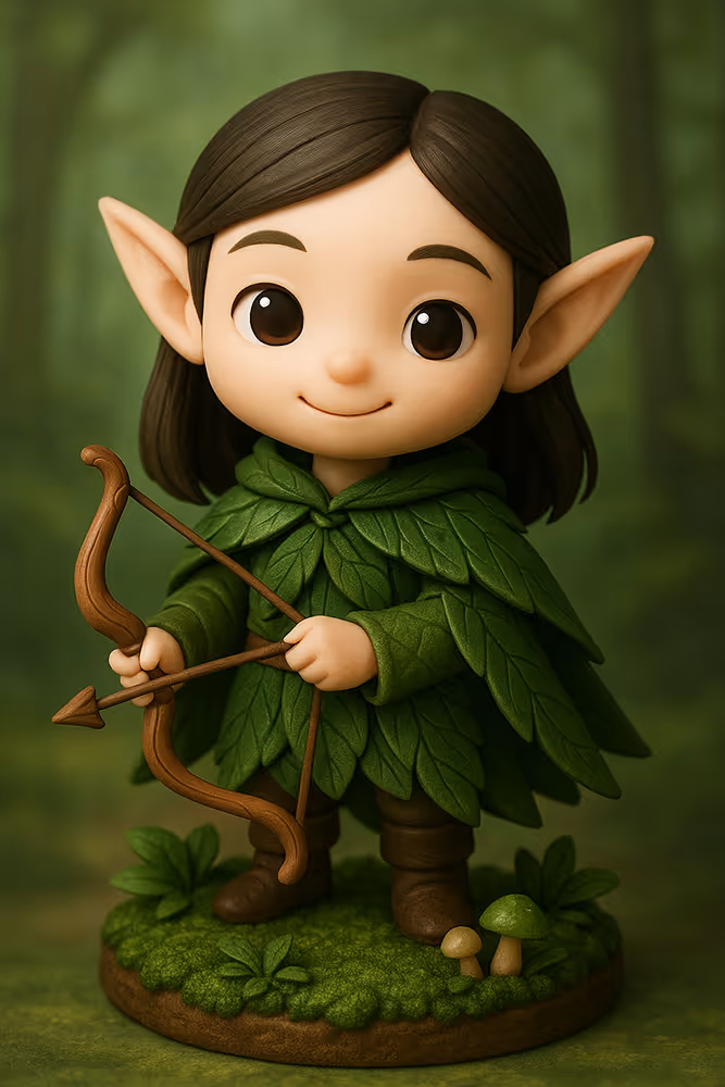 AI photo of a guest as a cute elf figurine in a leaf tunic holding a wooden bow in a mossy forest
