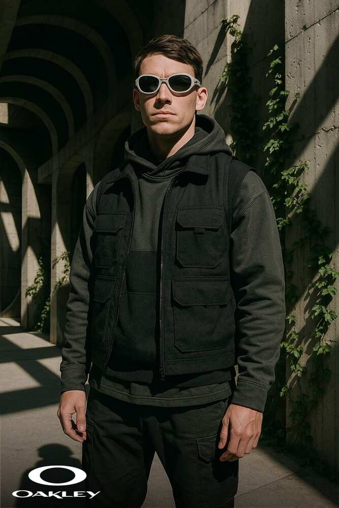 AI photo of a guest in dark techwear and silver sunglasses in a concrete corridor, with Oakley branding