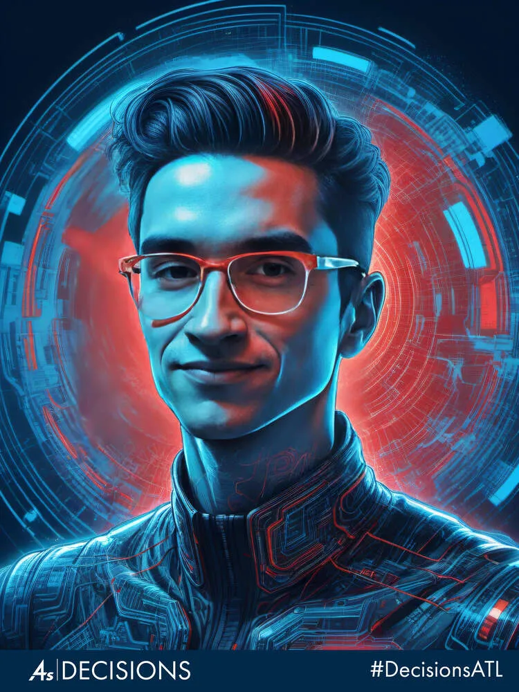 AI photo of a guest as a stylized digital portrait in blue and red circuit light, with Decisions ATL event branding