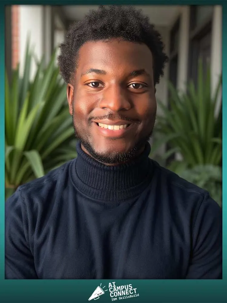 AI-enhanced headshot of a smiling guest in a navy turtleneck, with IBM SkillsBuild AI Campus Connect event branding