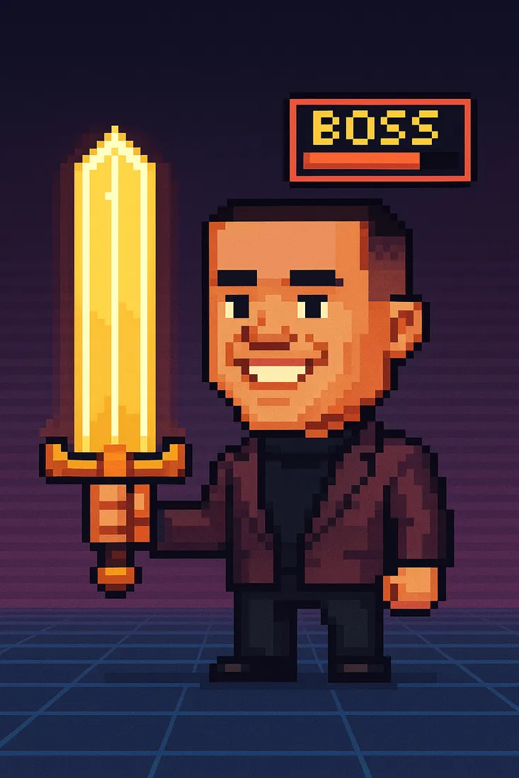AI photo of a guest as a pixel art game character raising a glowing sword under a boss health bar
