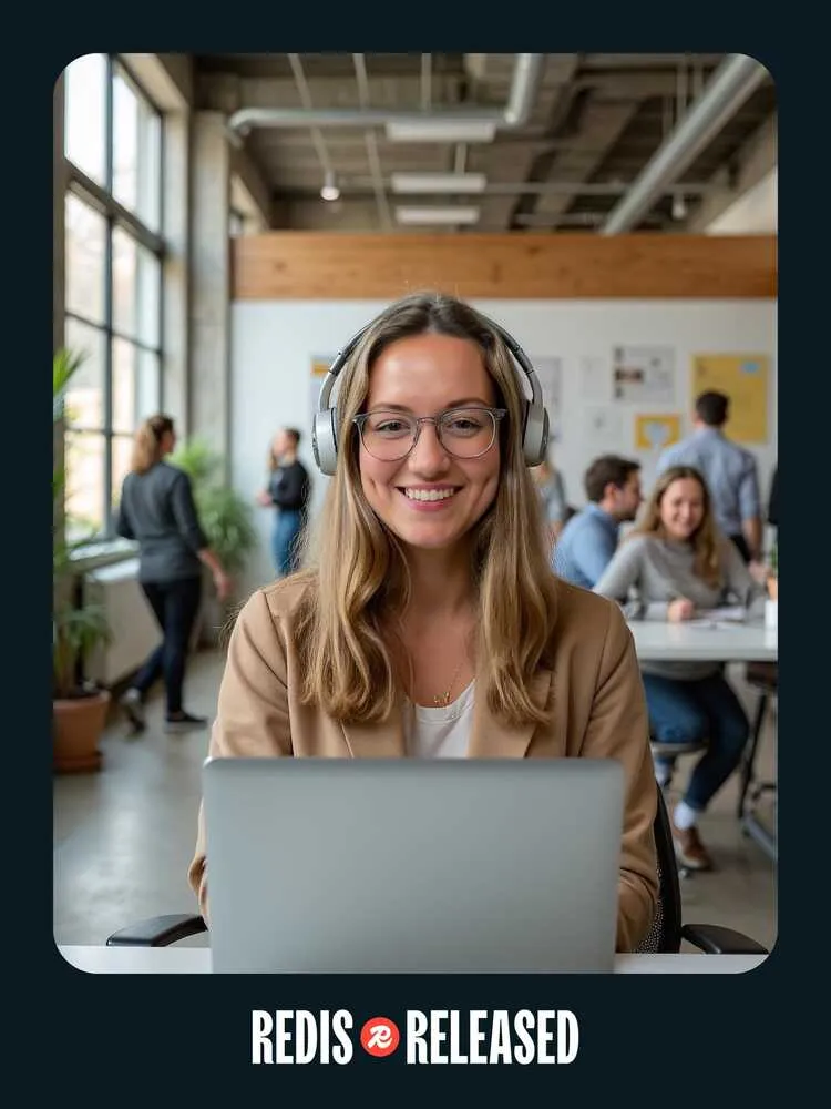 AI photo of a guest wearing headphones at a laptop in a bright office, with Redis Released event branding