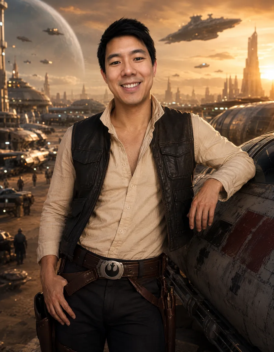 AI photo of a guest as a sci-fi rebel pilot leaning on a starship at a sunset spaceport