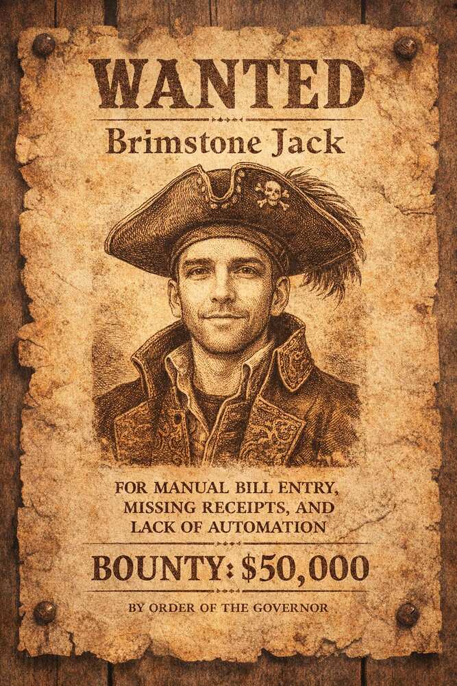 AI photo of a guest as a pirate on a vintage wanted poster charged with manual bill entry and lack of automation