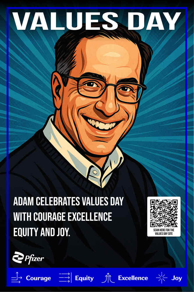 AI photo of a guest as a comic book illustration on a Pfizer Values Day poster celebrating courage, excellence, equity, and joy