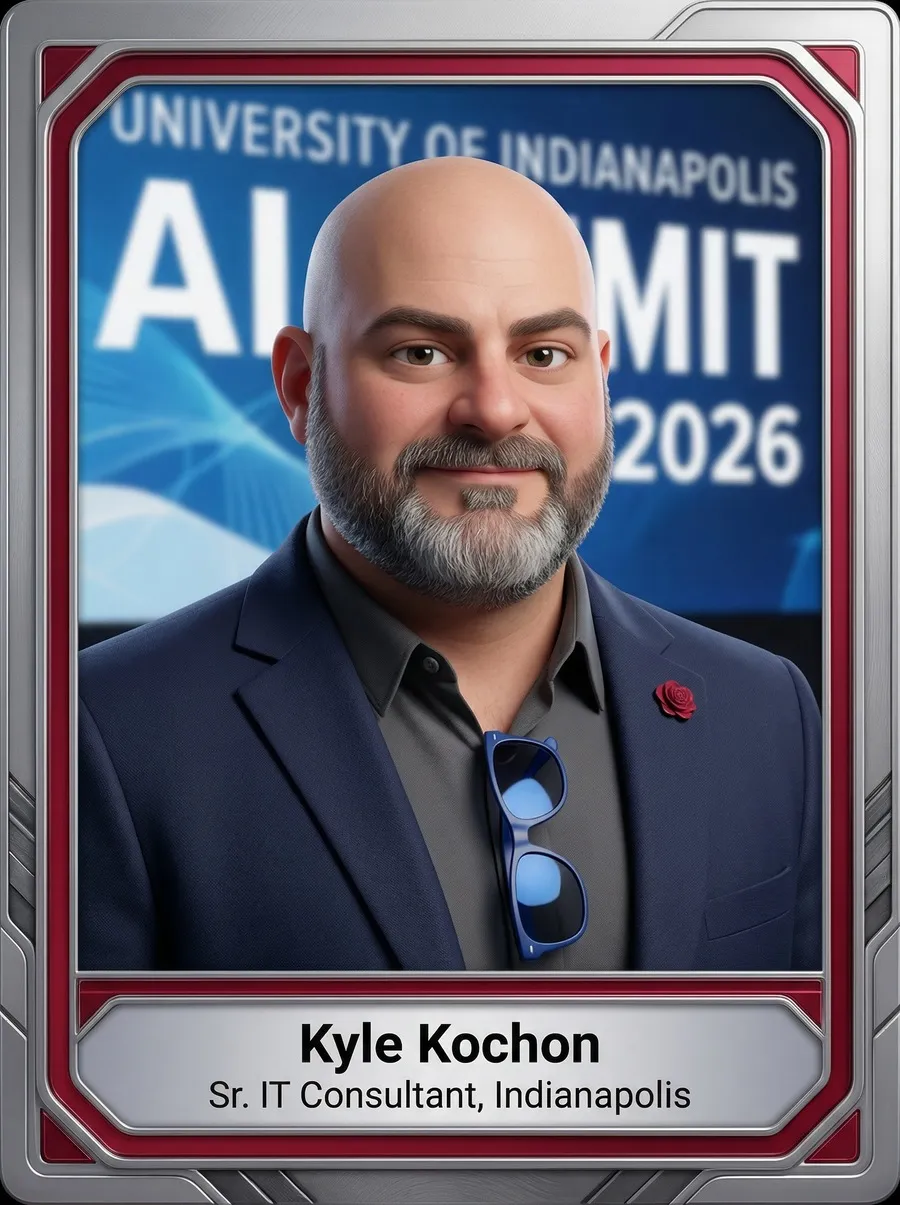 AI photo of a guest as a 3D character on a University of Indianapolis AI Summit speaker card