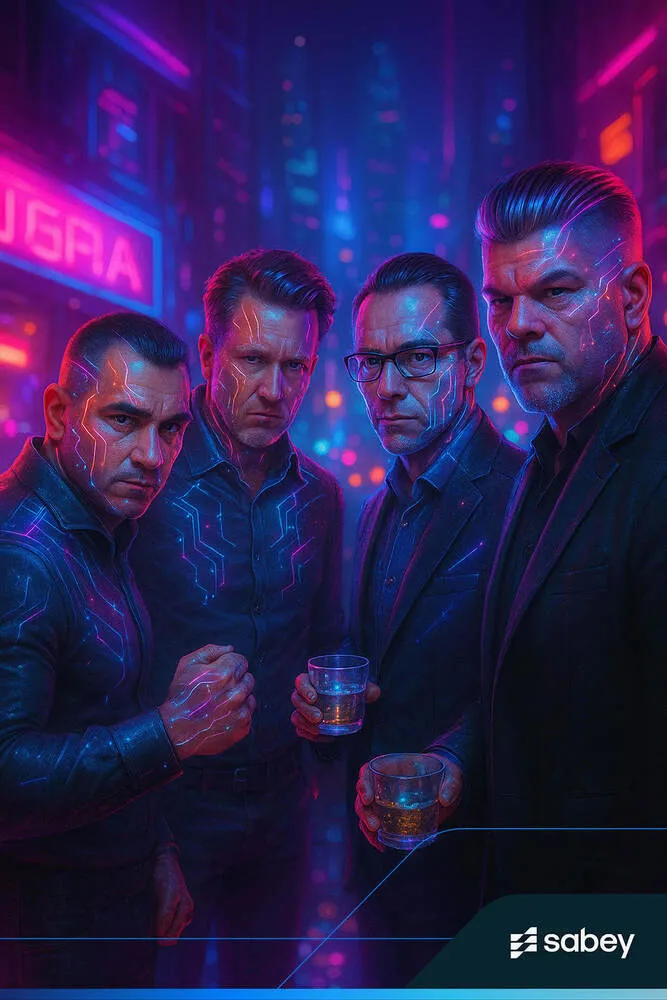 AI photo of four guests with glowing circuit tattoos in a neon cyberpunk bar, with Sabey branding