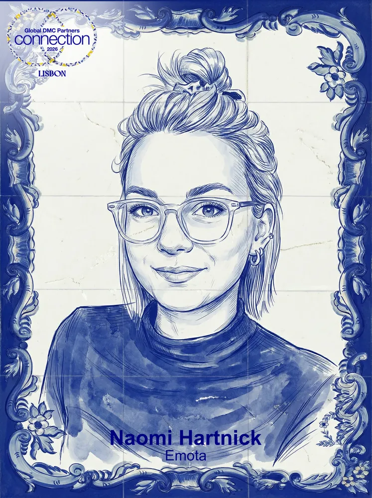 AI photo of a guest as a blue and white tile-style sketch in an ornate azulejo frame, with Global DMC Partners Connection Lisbon event branding