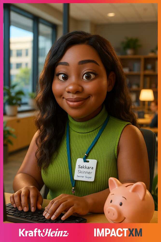 AI photo of a guest as an animated office character with a name badge and piggy bank, with Kraft Heinz event branding