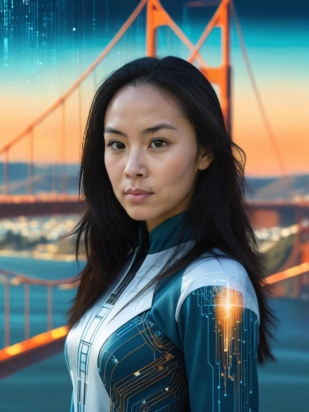 AI photo of a guest in a futuristic circuit-lined jacket in front of the Golden Gate Bridge with streams of data in the sky