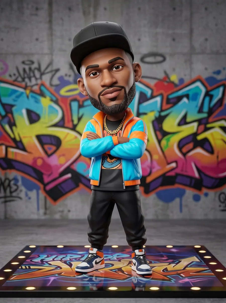 AI photo of a guest as a hip-hop figurine in a snapback and letterman jacket on a graffiti stage