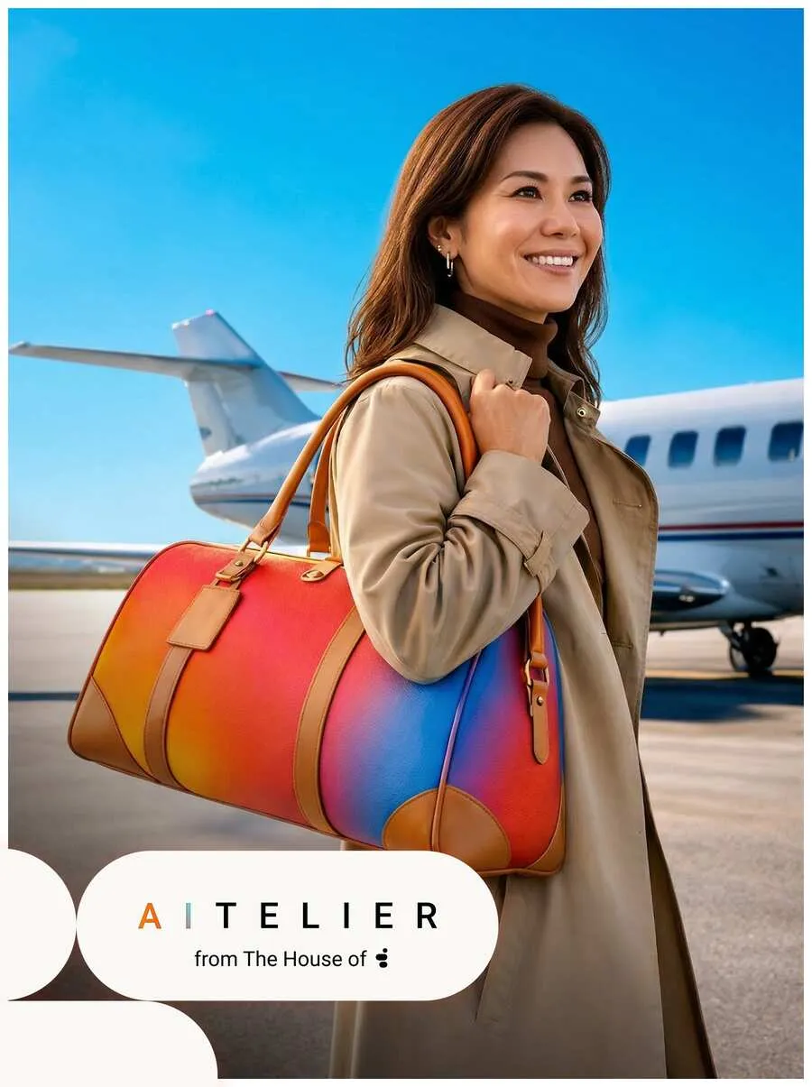AI photo of a guest carrying a colorful designer bag beside a private jet on an AItelier fashion visual