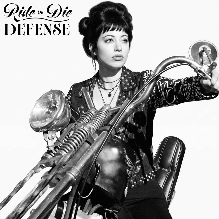 AI photo of a guest in a black and white portrait on a vintage motorcycle with Ride or Die Defense lettering