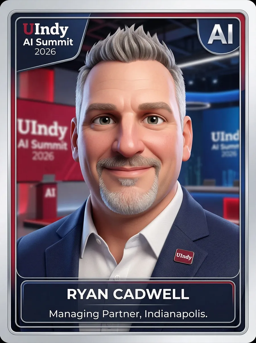 AI photo of a guest as a 3D character on a UIndy AI Summit 2026 speaker card