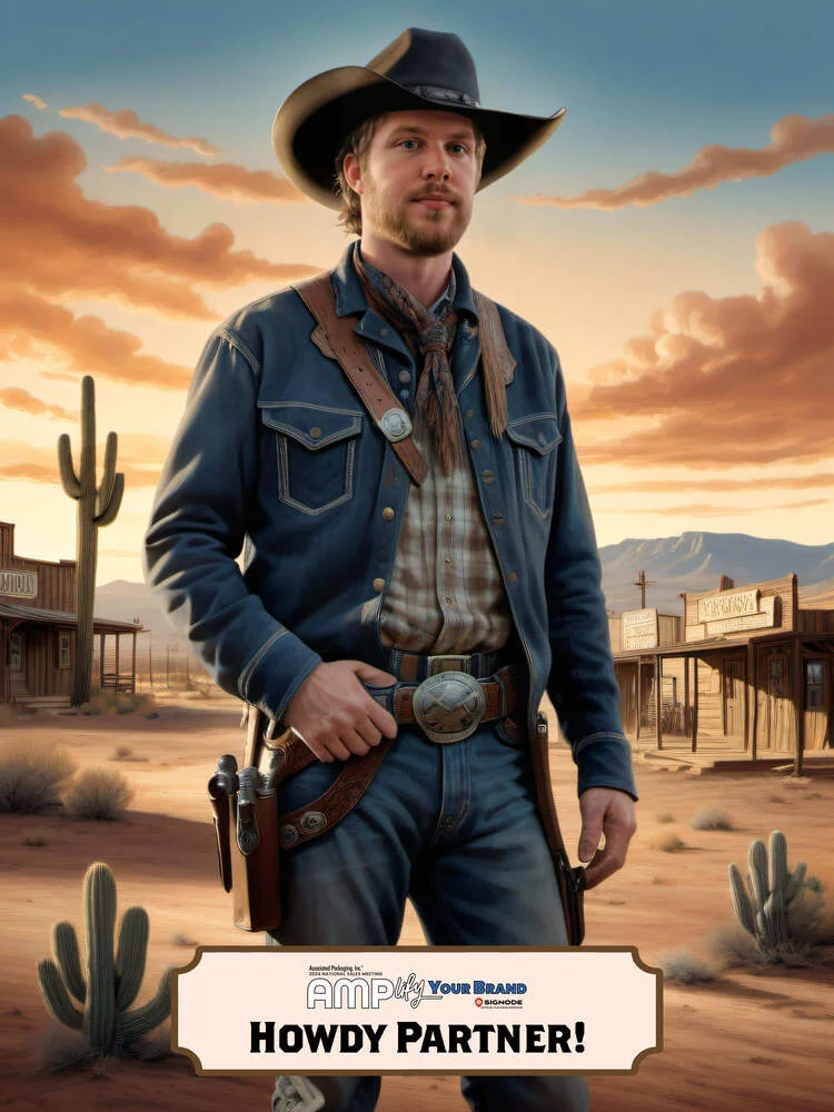AI photo of a guest as a cowboy in an old west town on a Howdy Partner card, with AMP Your Brand branding