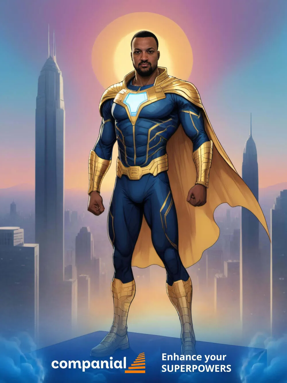 AI photo of a guest as a comic hero in a blue and gold caped suit over a sunrise skyline, with Companial branding