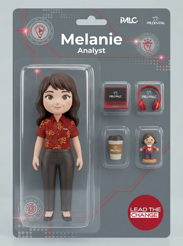 AI photo of a guest as a collectible analyst figurine in toy packaging with mini accessories, with Prudential Lead the Change branding
