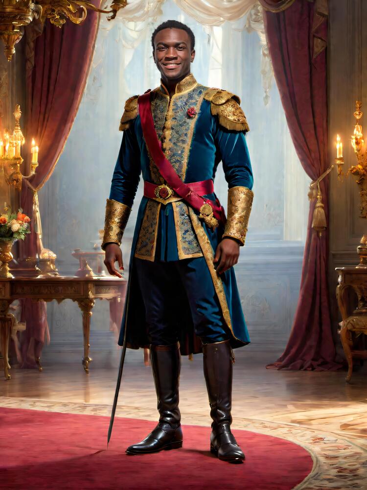 AI photo of a guest as royalty in a blue and gold uniform with a red sash in a palace hall