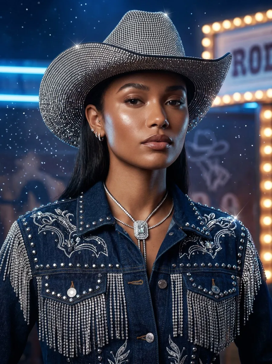 AI photo of a guest as a rhinestone cowgirl in a sparkling hat and studded denim jacket under neon rodeo lights