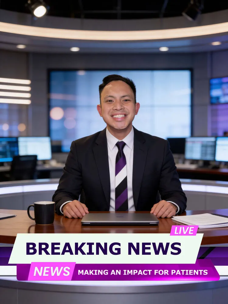 AI photo of a guest as a news anchor at a Breaking News desk with a Making an Impact for Patients banner