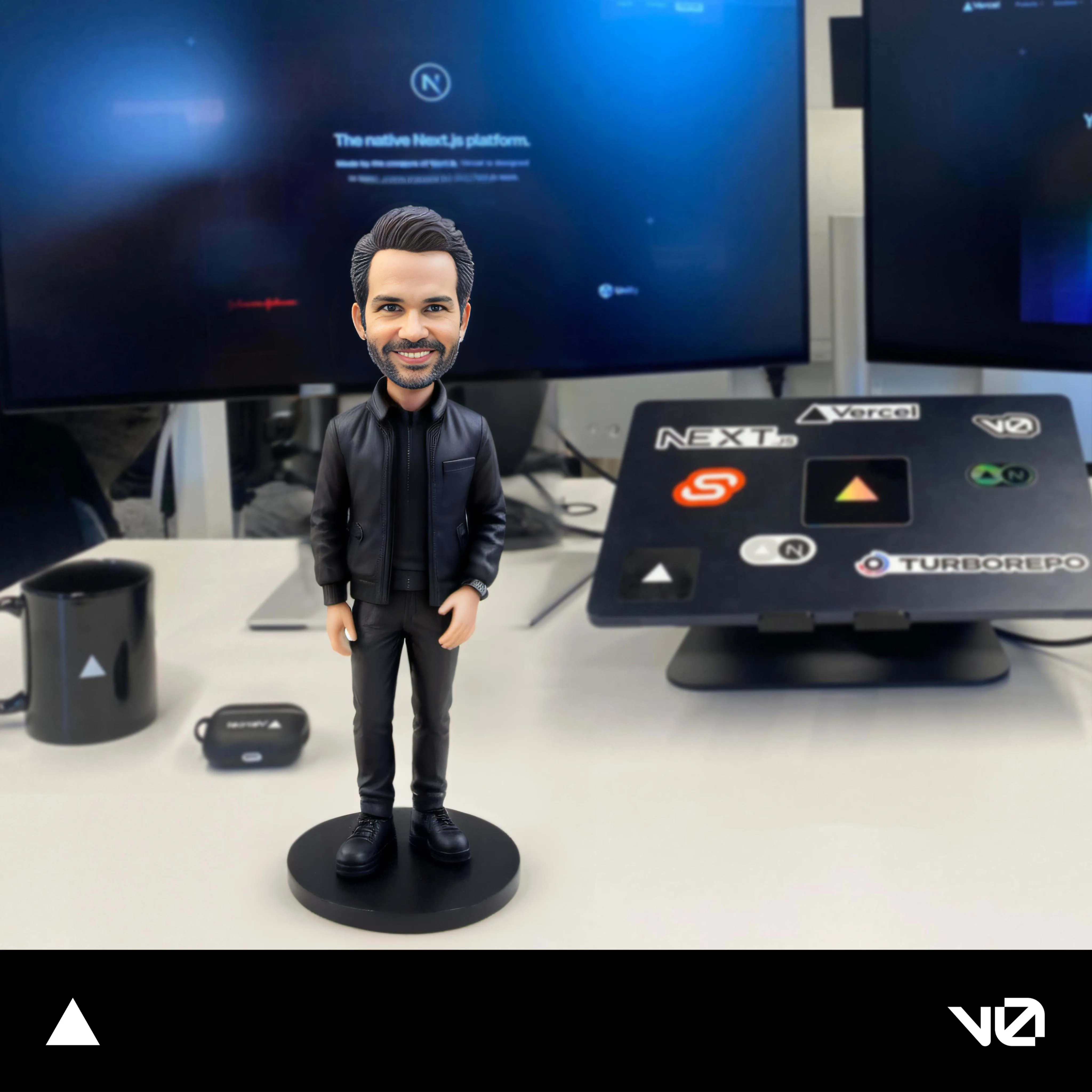 AI photo of a guest as a bobblehead figurine on a desk in front of Next.js and Vercel branded screens