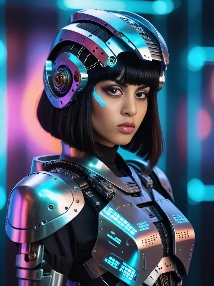AI photo of a guest in chrome sci-fi armor and a futuristic helmet against neon lights