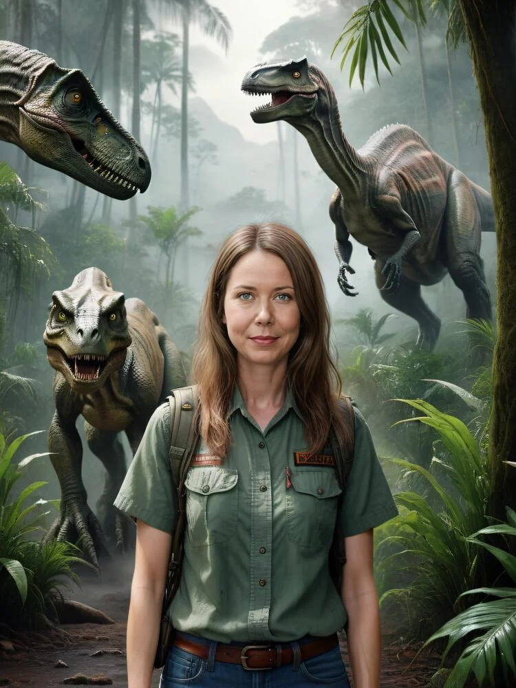 AI photo of a guest as a park ranger in a misty jungle surrounded by dinosaurs