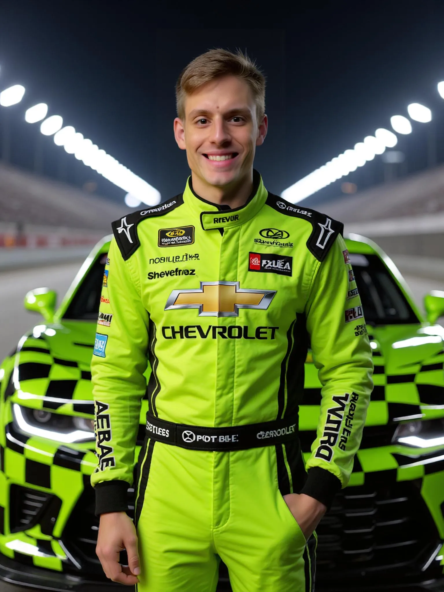 AI photo of a guest as a NASCAR driver in a bright green Chevrolet suit at a floodlit speedway