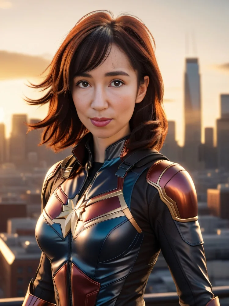 AI photo of a guest as a superhero in a star-emblazoned suit above a sunset skyline