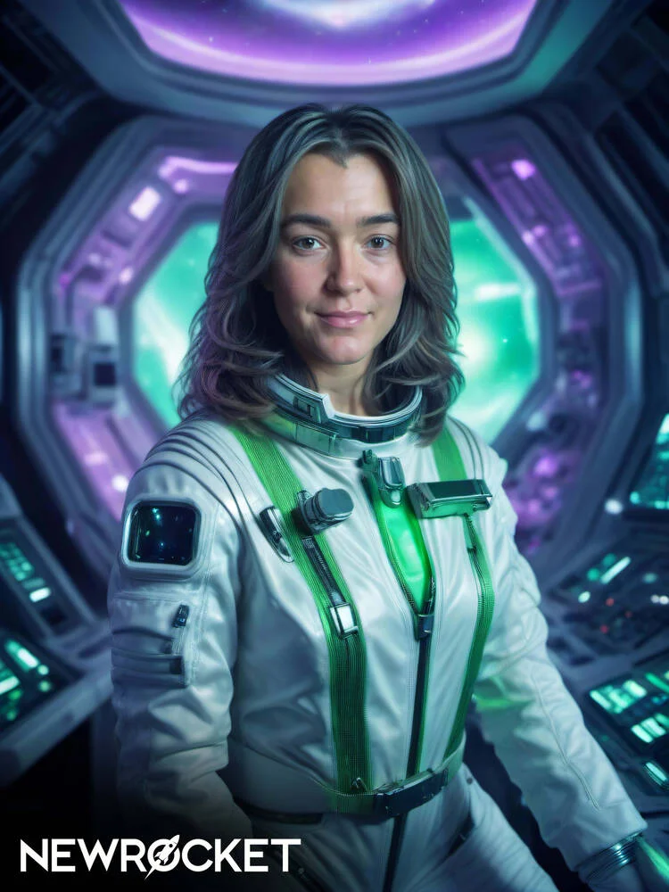AI photo of a guest as an astronaut aboard a glowing spaceship, with NewRocket branding