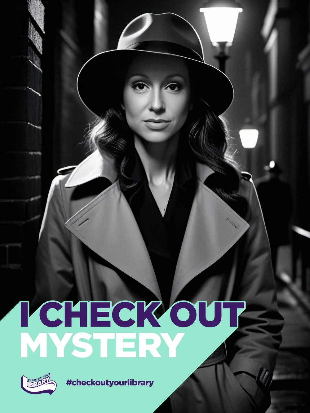 AI photo of a guest as a film noir detective on an I Check Out Mystery library campaign poster