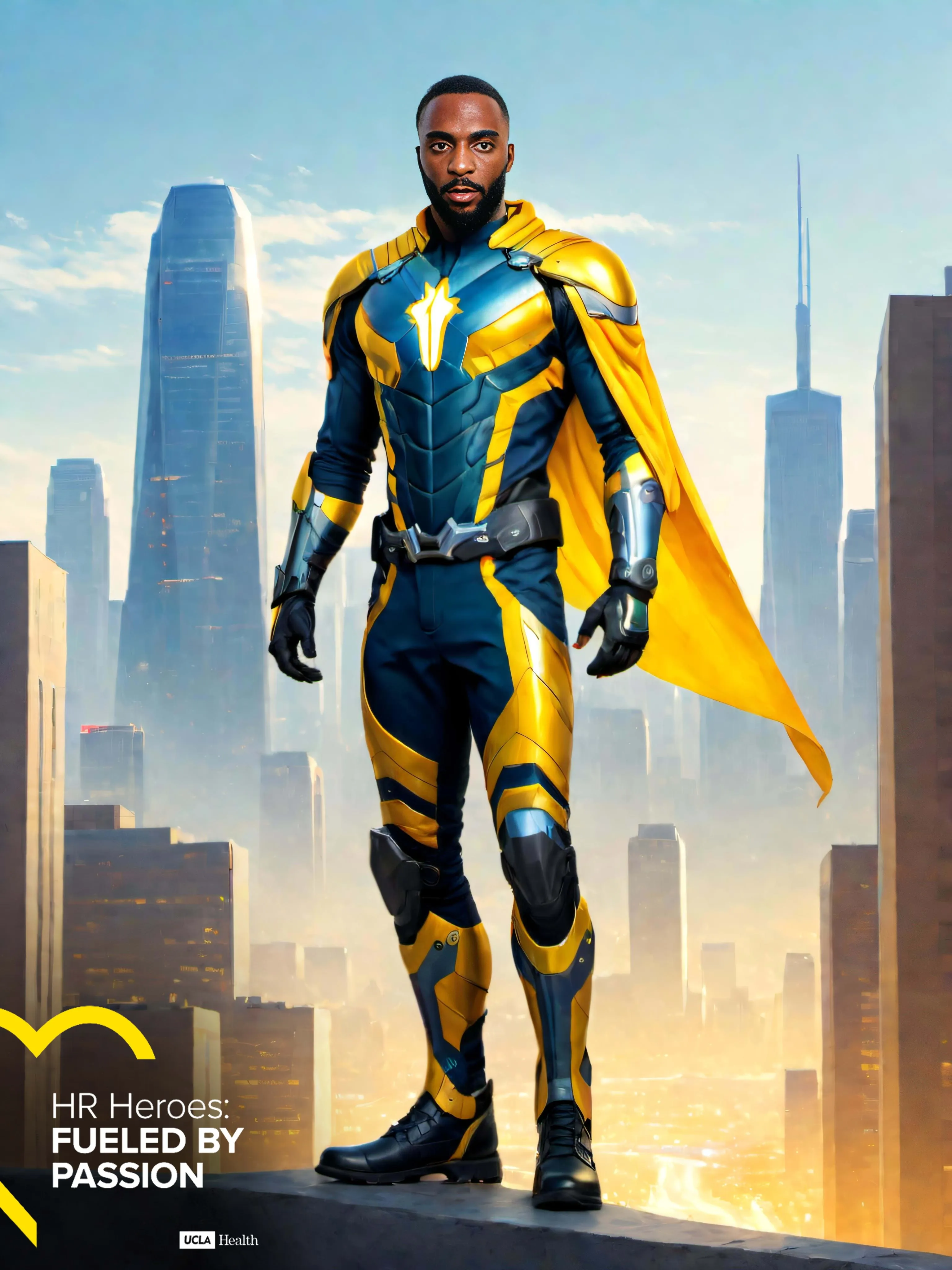 AI photo of a guest as a superhero in a navy and gold caped suit above the city, with UCLA Health HR Heroes branding