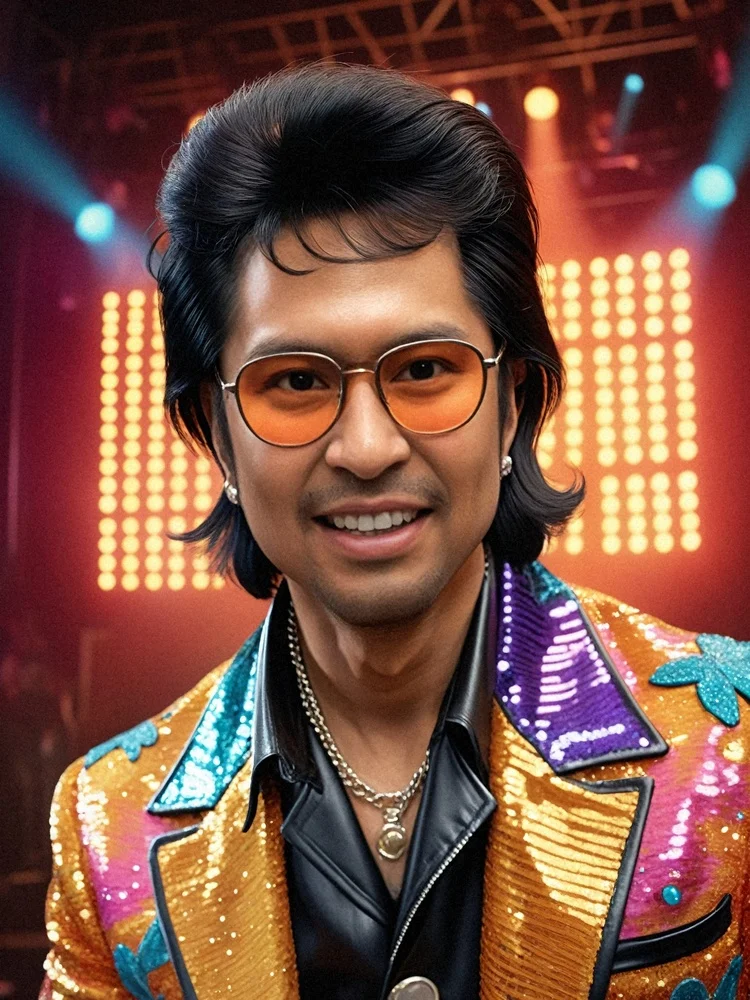 AI photo of a guest as a 70s glam rocker in a sequined jacket and tinted glasses under stage lights