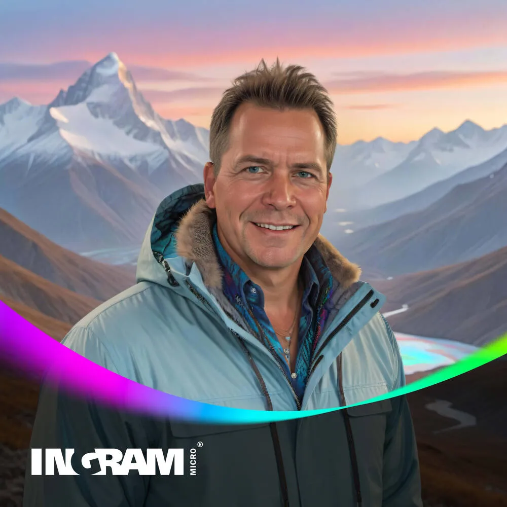AI photo of a guest in a winter jacket before snowy peaks at sunrise, with Ingram Micro branding