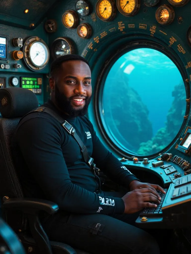 AI photo of a guest as a submarine pilot at a control panel beside a porthole full of ocean life